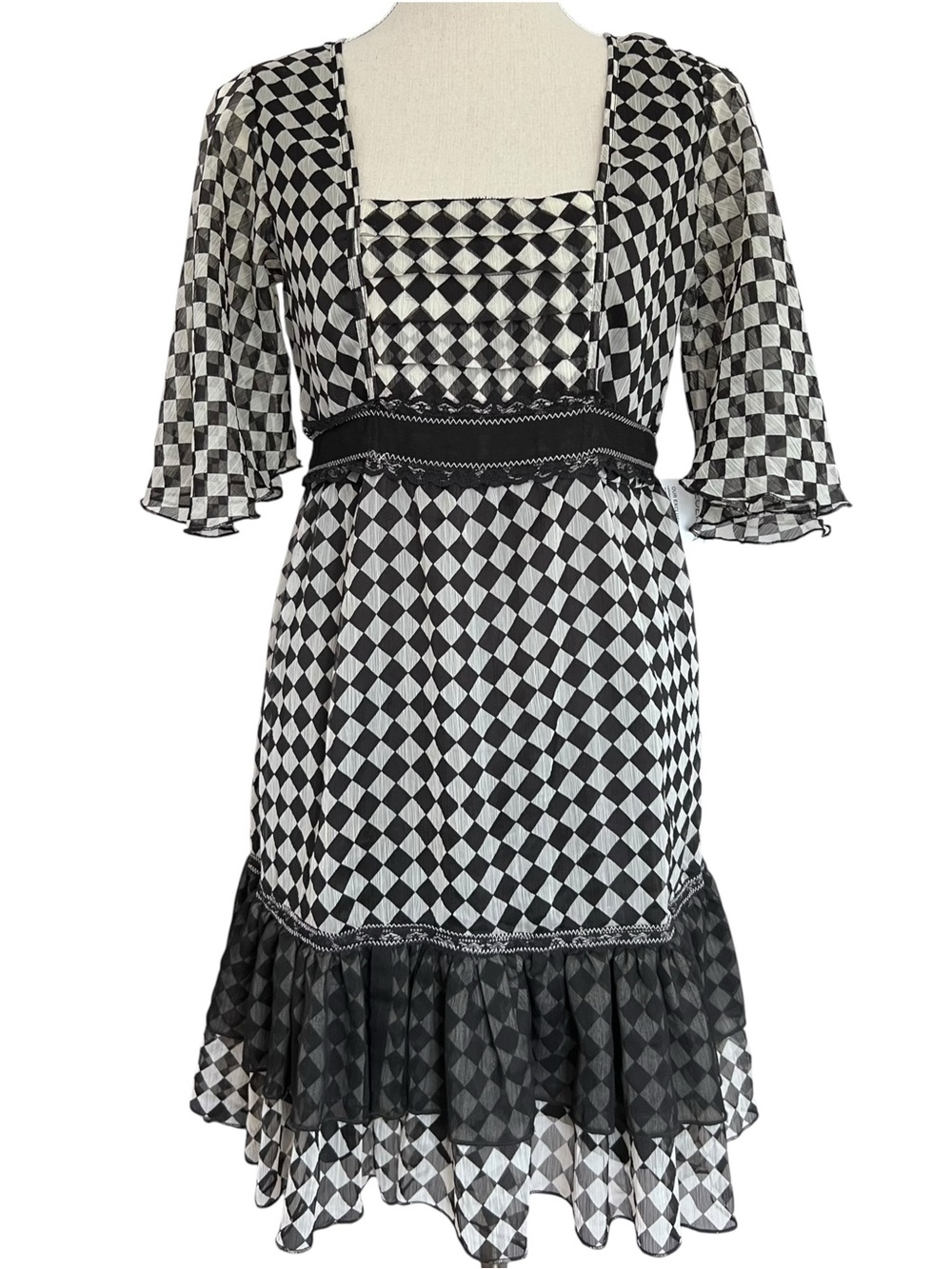 ZOE D Black & White Harlequin Print Babydoll Mini Dress Butterfly Sleeves Small